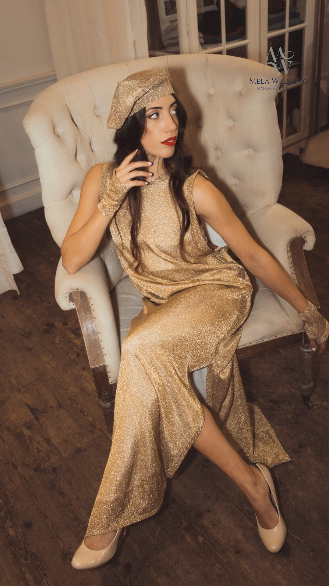 Abito lungo GlamWeave in filato di metallo color oro - Mela Wedding
