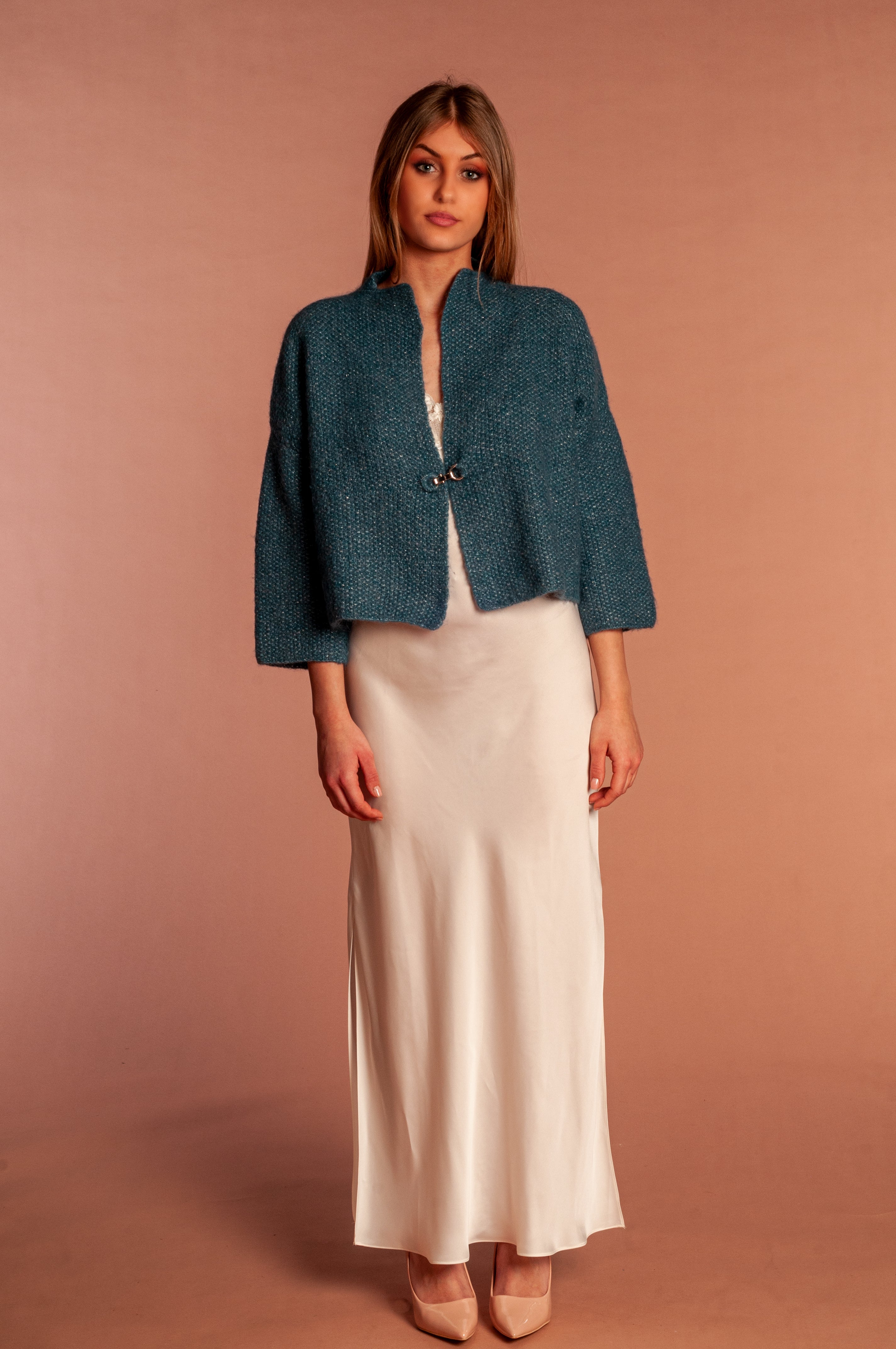 Cardigan Corto in mohair e lurex blu ottano - Mela Wedding