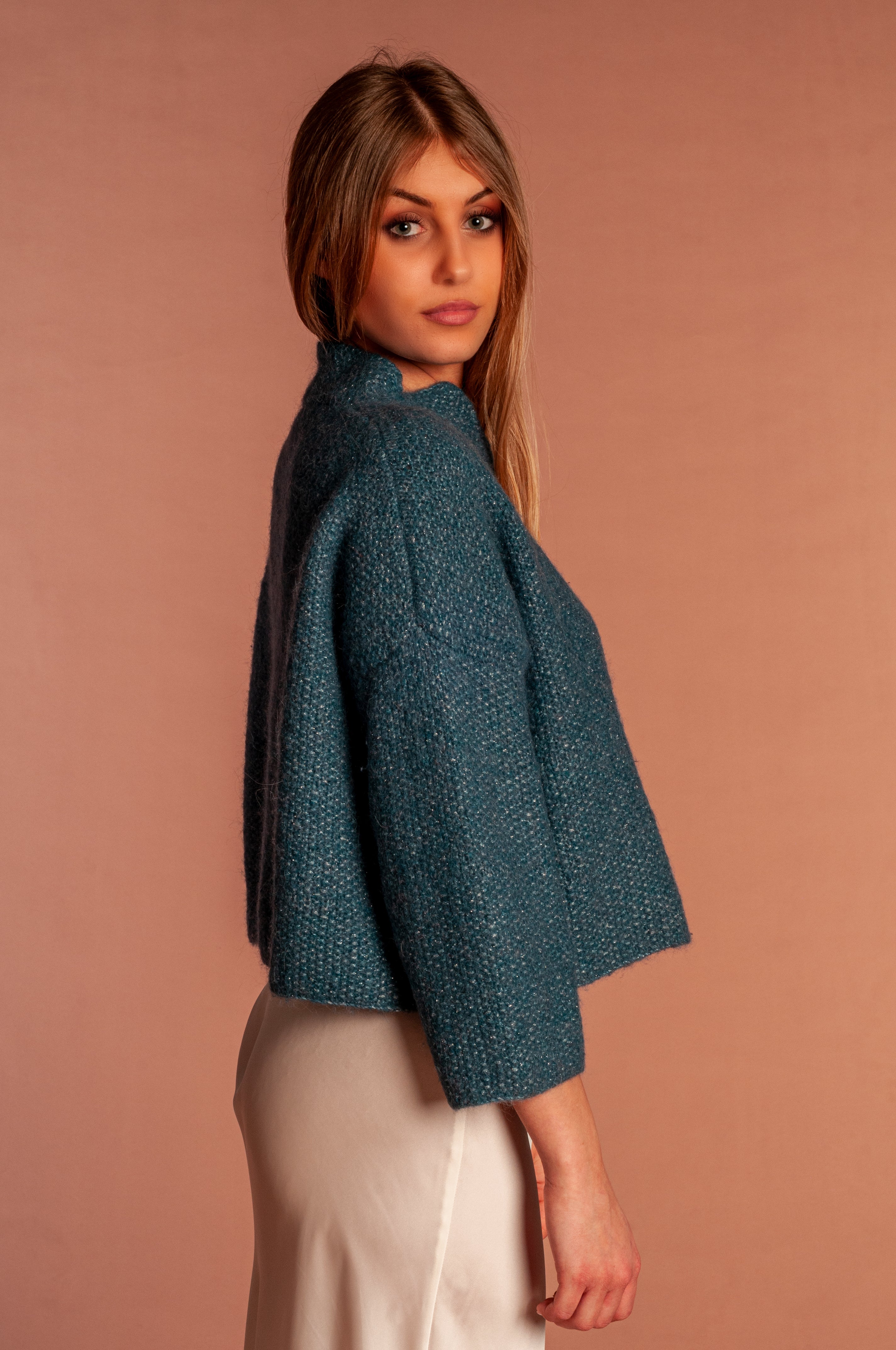 Cardigan Corto in mohair e lurex blu ottano - Mela Wedding