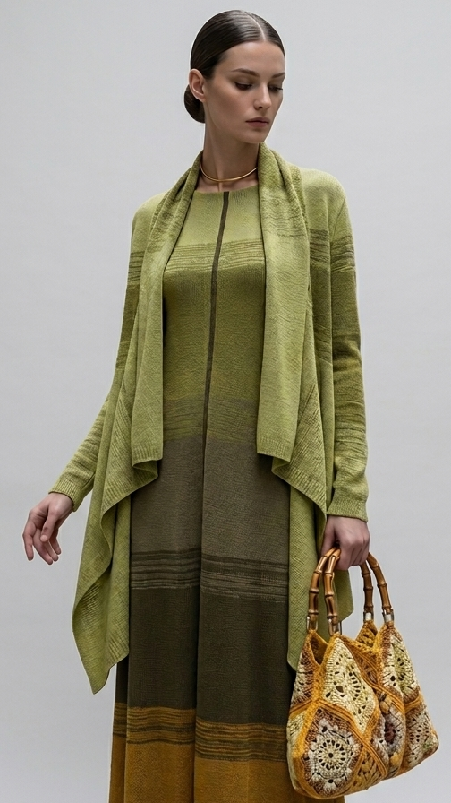 Modella che indossa un gilet lungo drappeggiato in viscosa fiammata Sikkim con sfumature verde salvia, verde bosco. Capo artigianale Made in Italy realizzato a Roma.