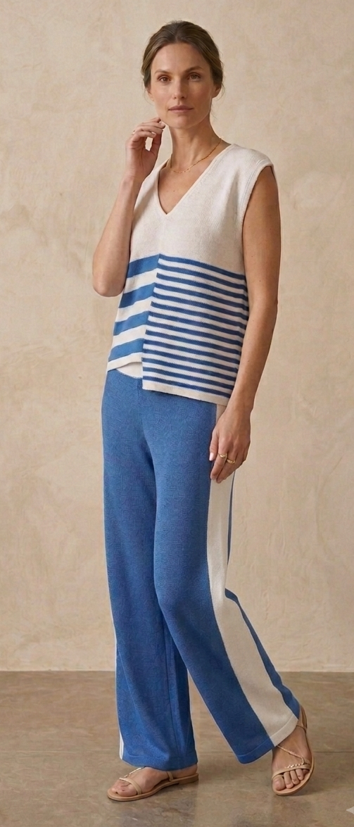 Maglia donna a righe bianche e blu intenso con collo a V, realizzata a mano in viscosa naturale. Capo artigianale Made in Italy, prodotto a Roma, elegante e confortevole per primavera ed estate.
