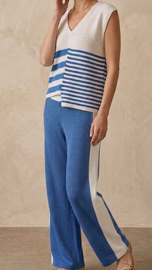 Maglia donna a righe bianche e blu intenso con collo a V, realizzata a mano in viscosa naturale. Capo artigianale Made in Italy, prodotto a Roma, elegante e confortevole per primavera ed estate.