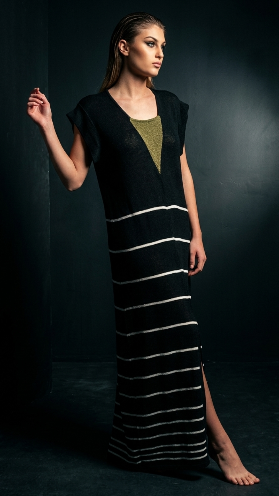 Elegant black long dress with white stripes and front slit in viscose, handmade fashion Italy