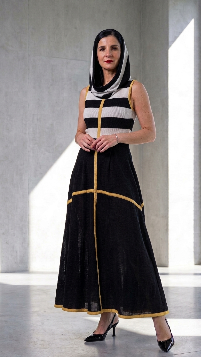 long dress with black and white stripes on top and a yellow line. with a long skirt and transparent bottom. A hood on top.