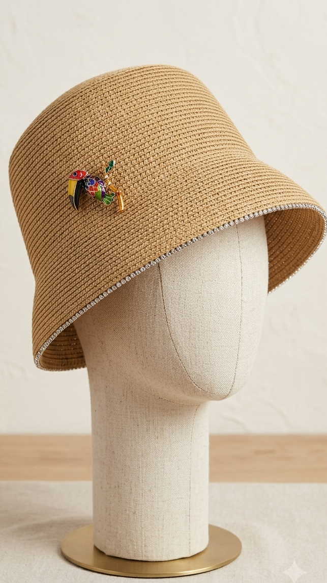 Elegante cappello couture realizzato a mano in carta tessile con preziosa spilla gioiello raffigurante un tucano multicolore. Pezzo unico Made in Italy, leggero, raffinato e perfetto per matrimoni, cerimonie ed eventi esclusivi.
