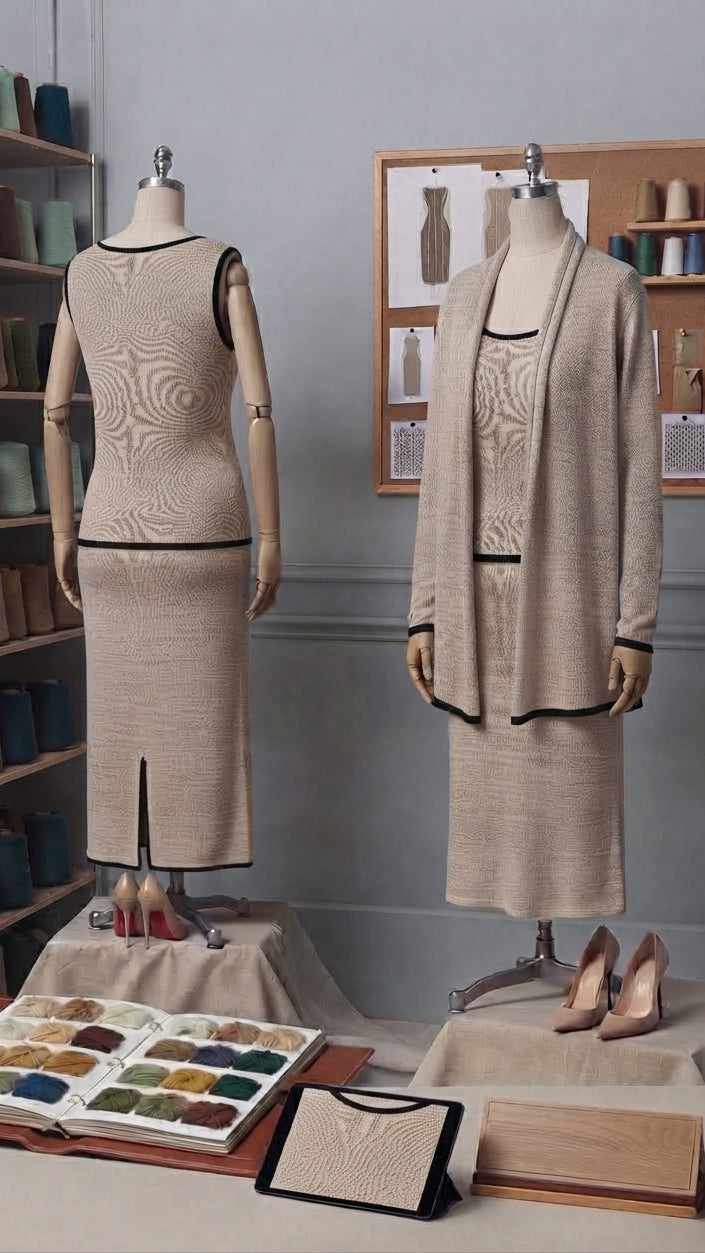 Cardigan beige da donna in maglia con rifiniture nere, realizzato artigianalmente in Italia