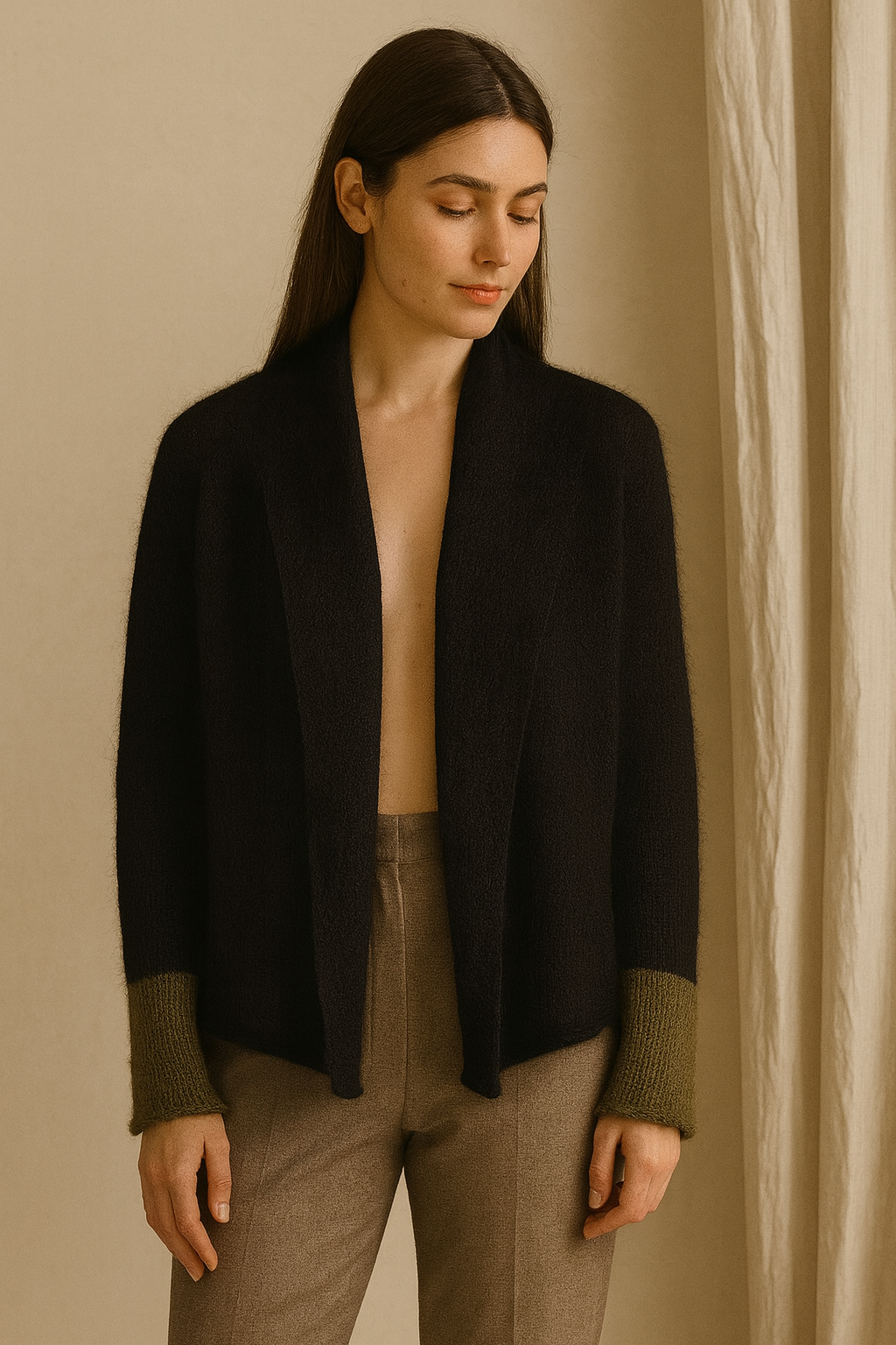 Elegante cardigan corto in mohair nero e verde oliva