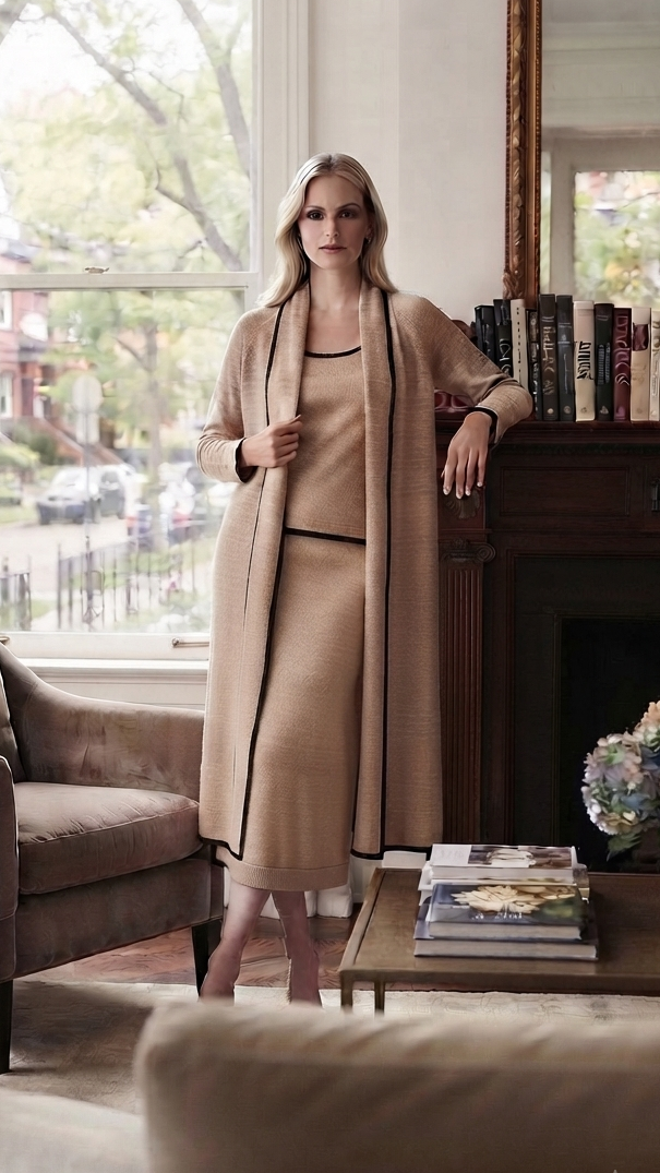 Completo donna in cashmere premium con gonna, top e spolverino, elegante maglieria artigianale Made in Italy