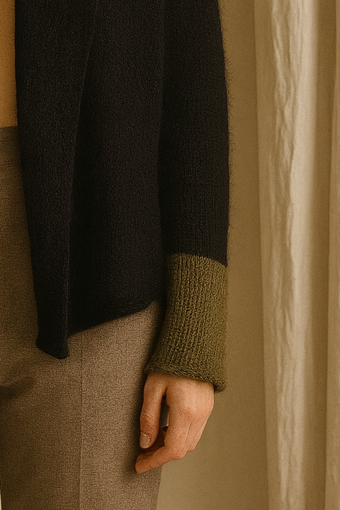 dettaglio della manica del cardigan corto in mohair nero e verde oliva