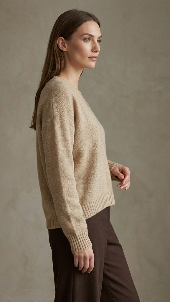 Vista di profilo della maglia oversize in puro cashmere con dettagli in lurex oro su scollo e polsini, evidenziando la vestibilità morbida e la lavorazione artigianale.