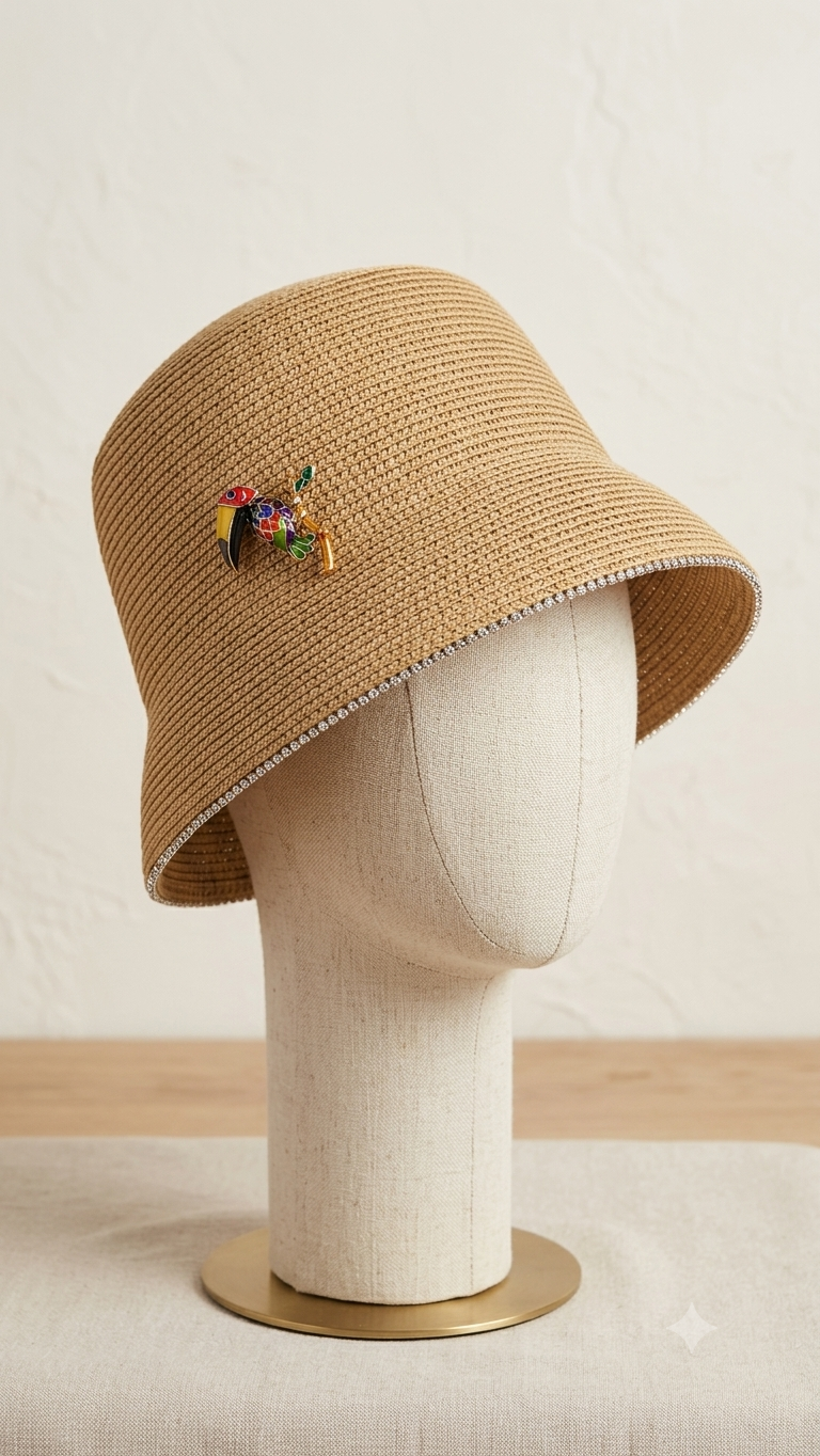 Cappello Couture in Carta Tessile con Spilla Gioiello Tucano