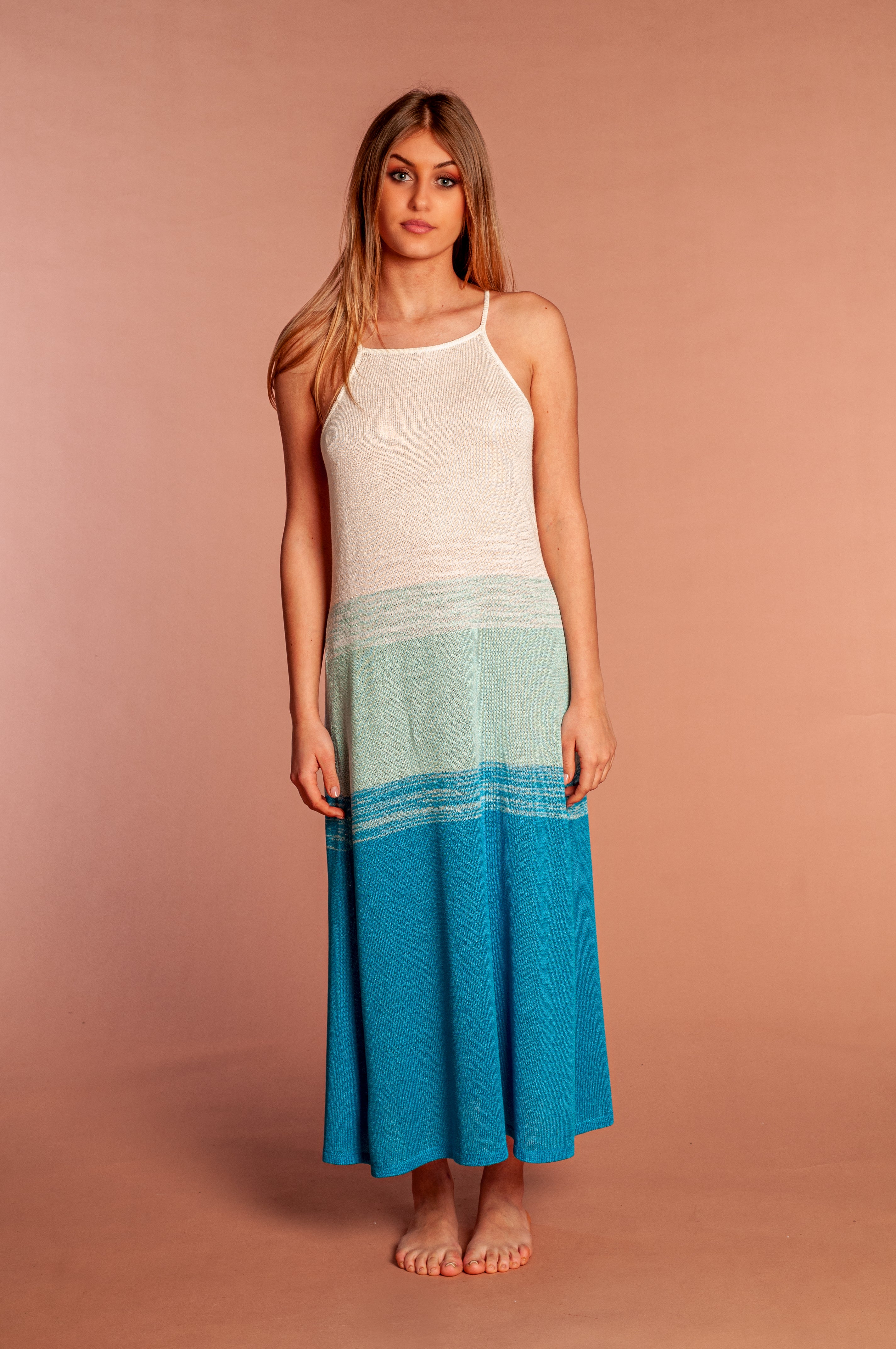 Ocean Dress Abito lungo Turchese Celeste e Bianco scollo all'americana - Mela Wedding