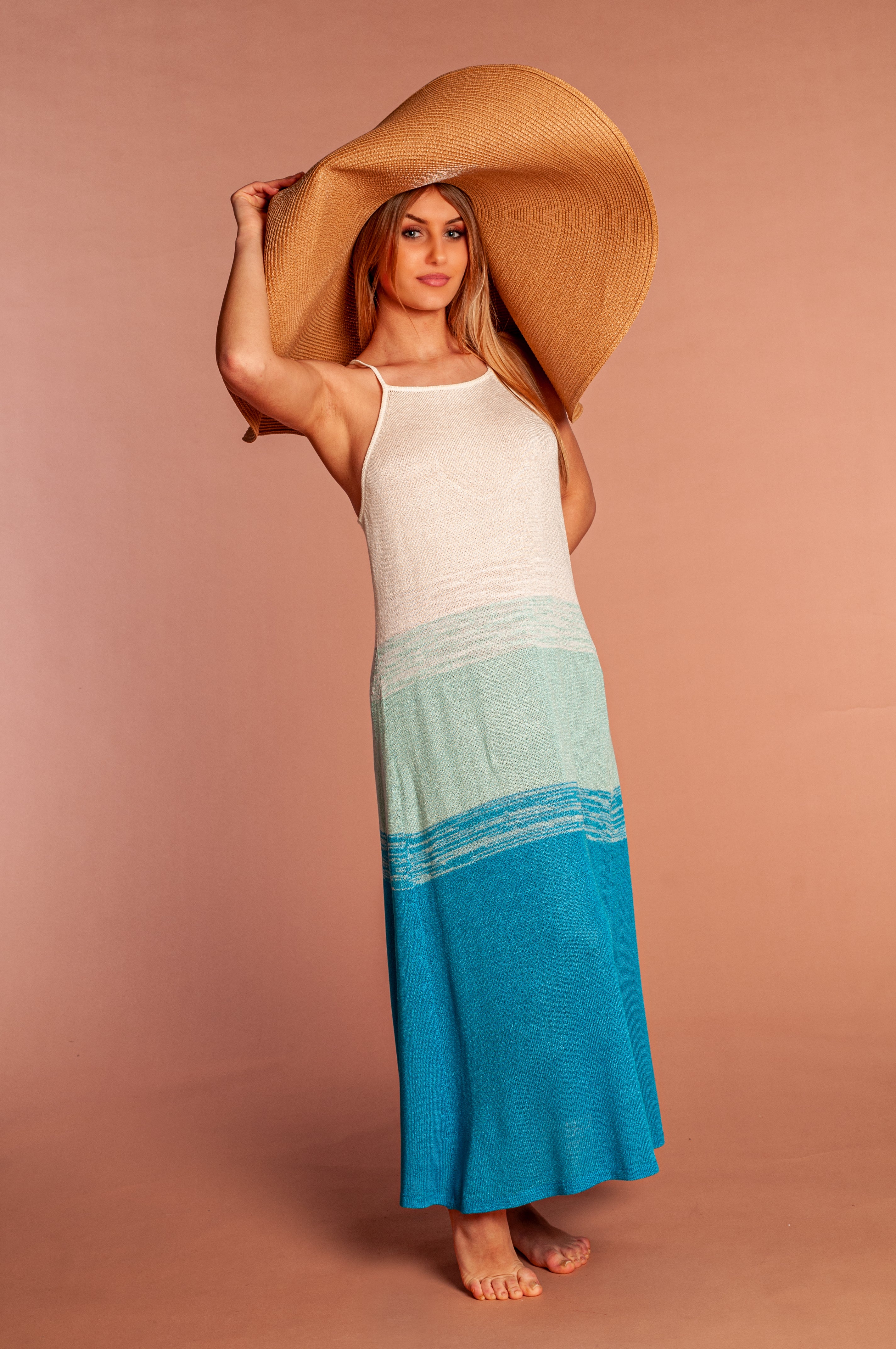 Ocean Dress Abito lungo Turchese Celeste e Bianco scollo all'americana - Mela Wedding