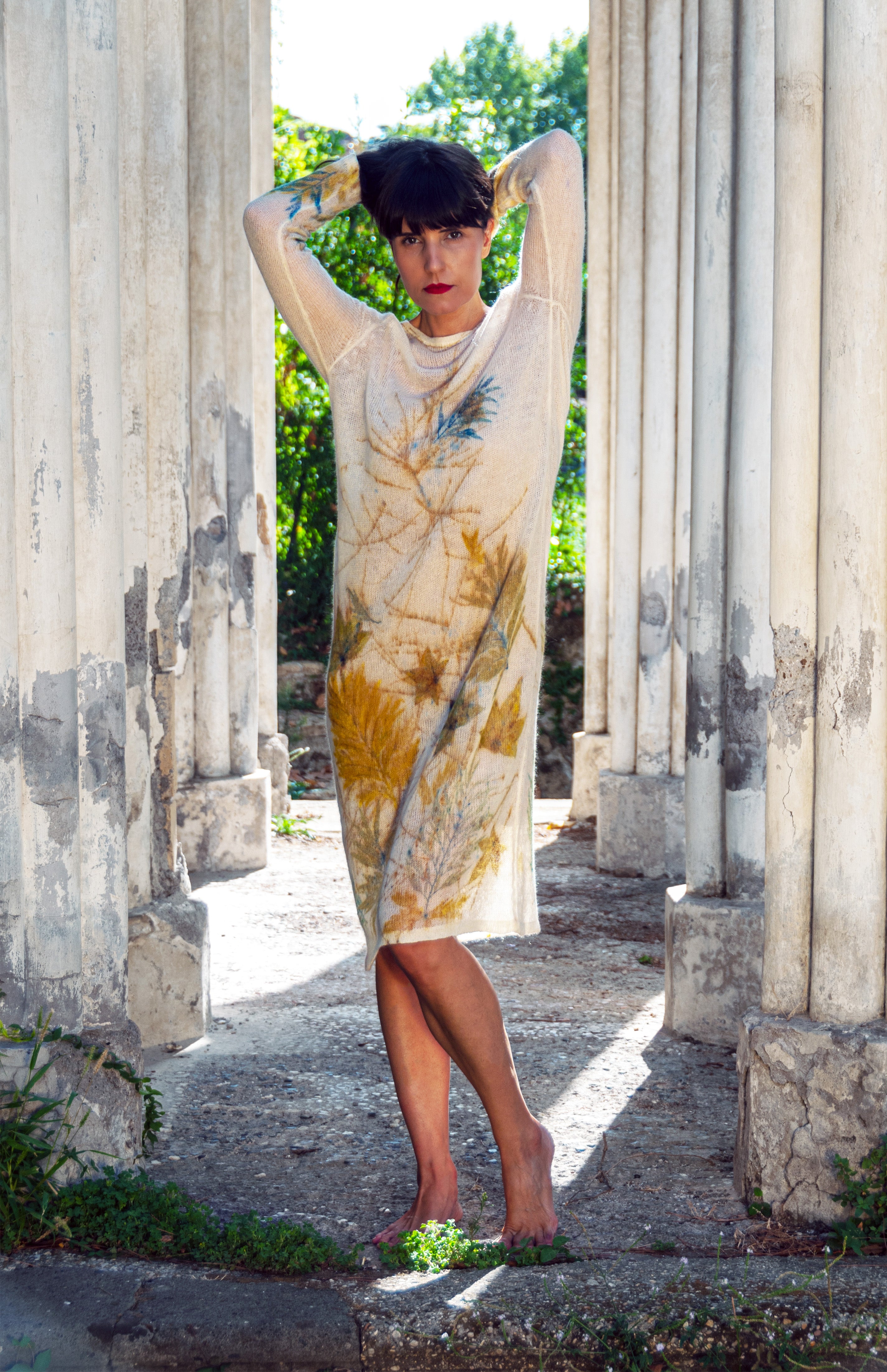Abito Dafinka in mohair con stampa botanica naturale - Mela Wedding