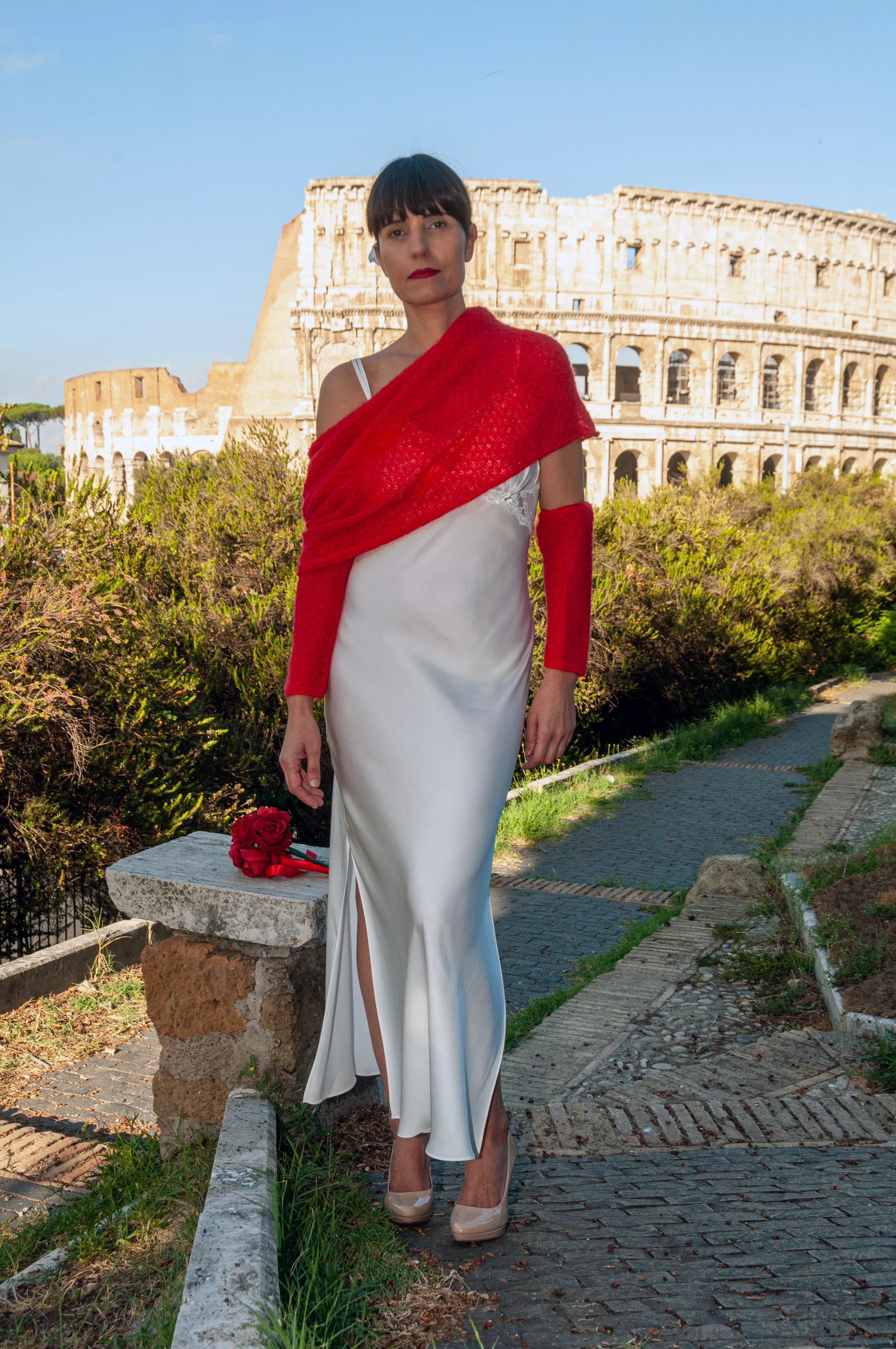 Coprispalle Sposa Mohair con manicotti Rosso - Mela Wedding