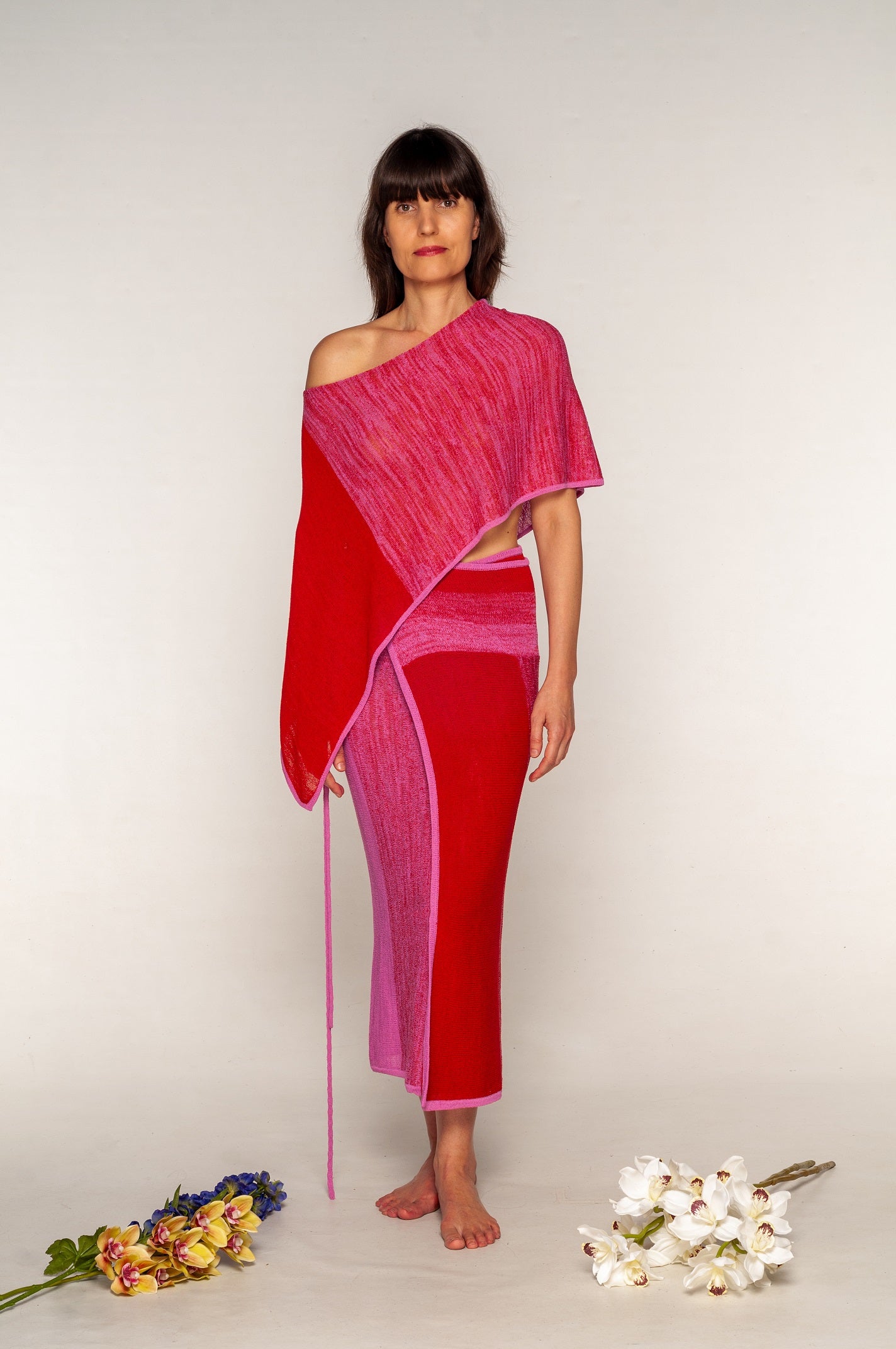 Poncho estivo in Viscosa naturale rosa e rosso sfumati - Mela Wedding