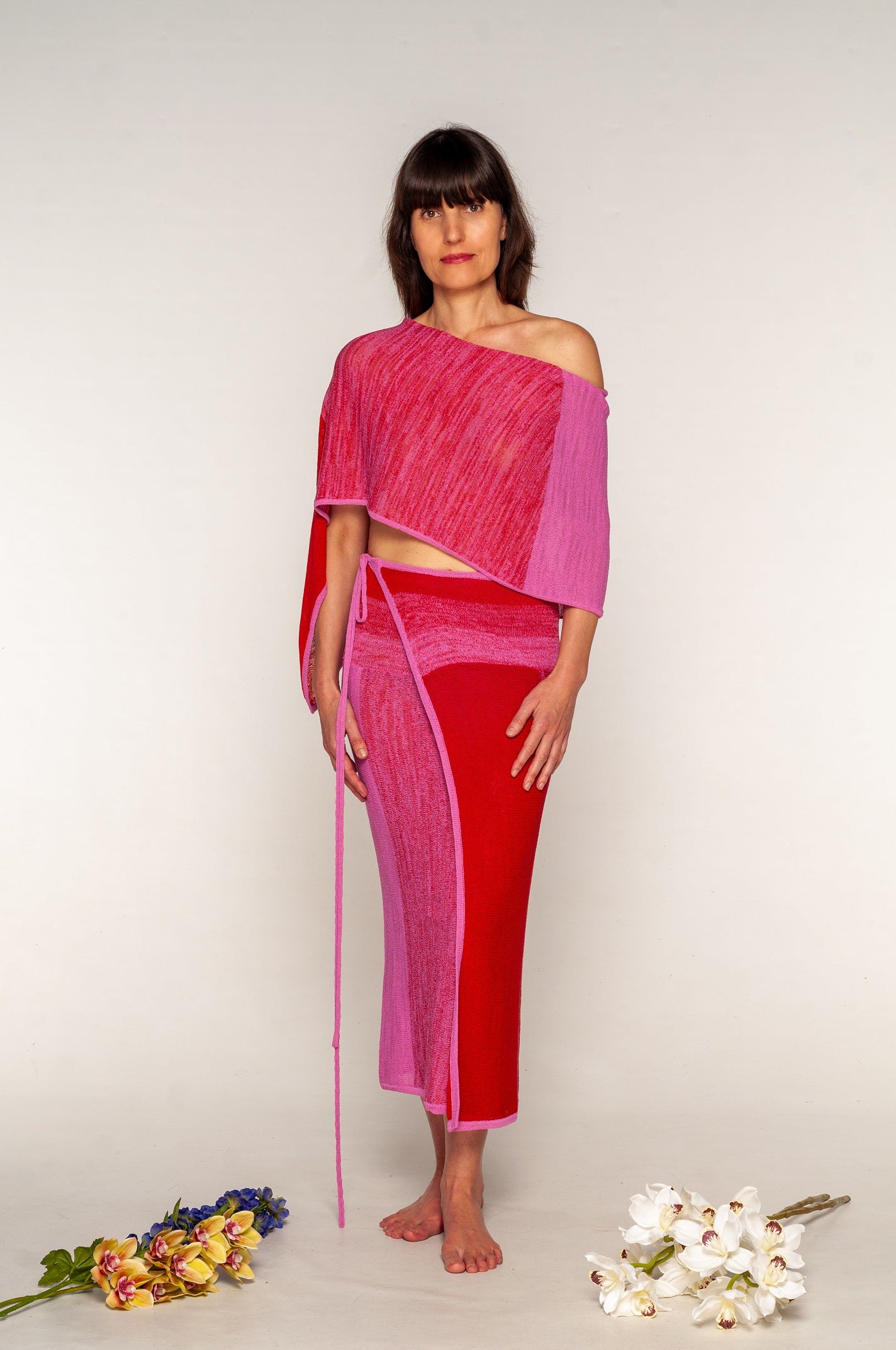 Poncho estivo in Viscosa naturale rosa e rosso sfumati - Mela Wedding