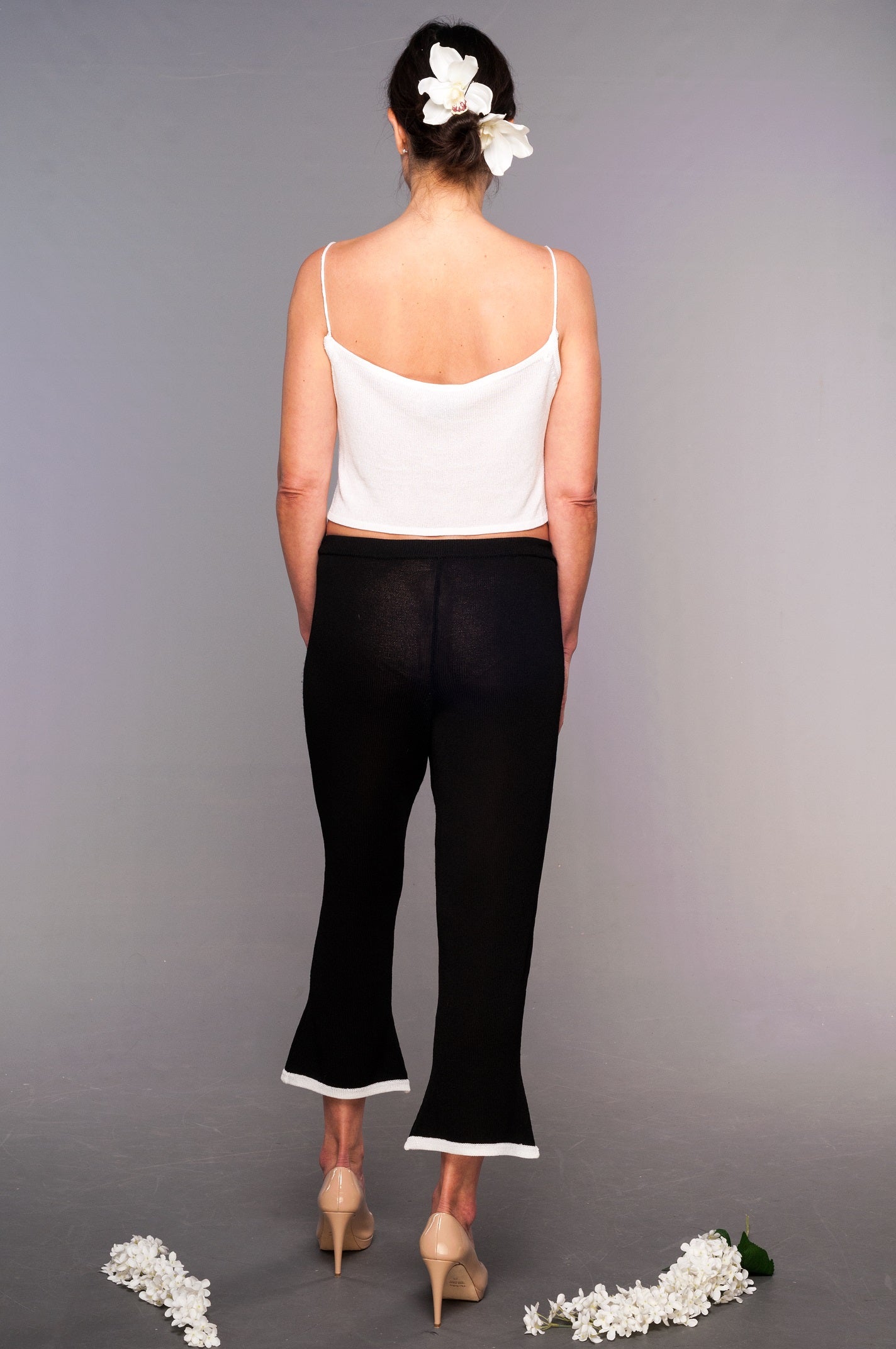 Pantaloni a Trombetta in maglia Viscosa naturale nero con bordo bianco - Mela Wedding