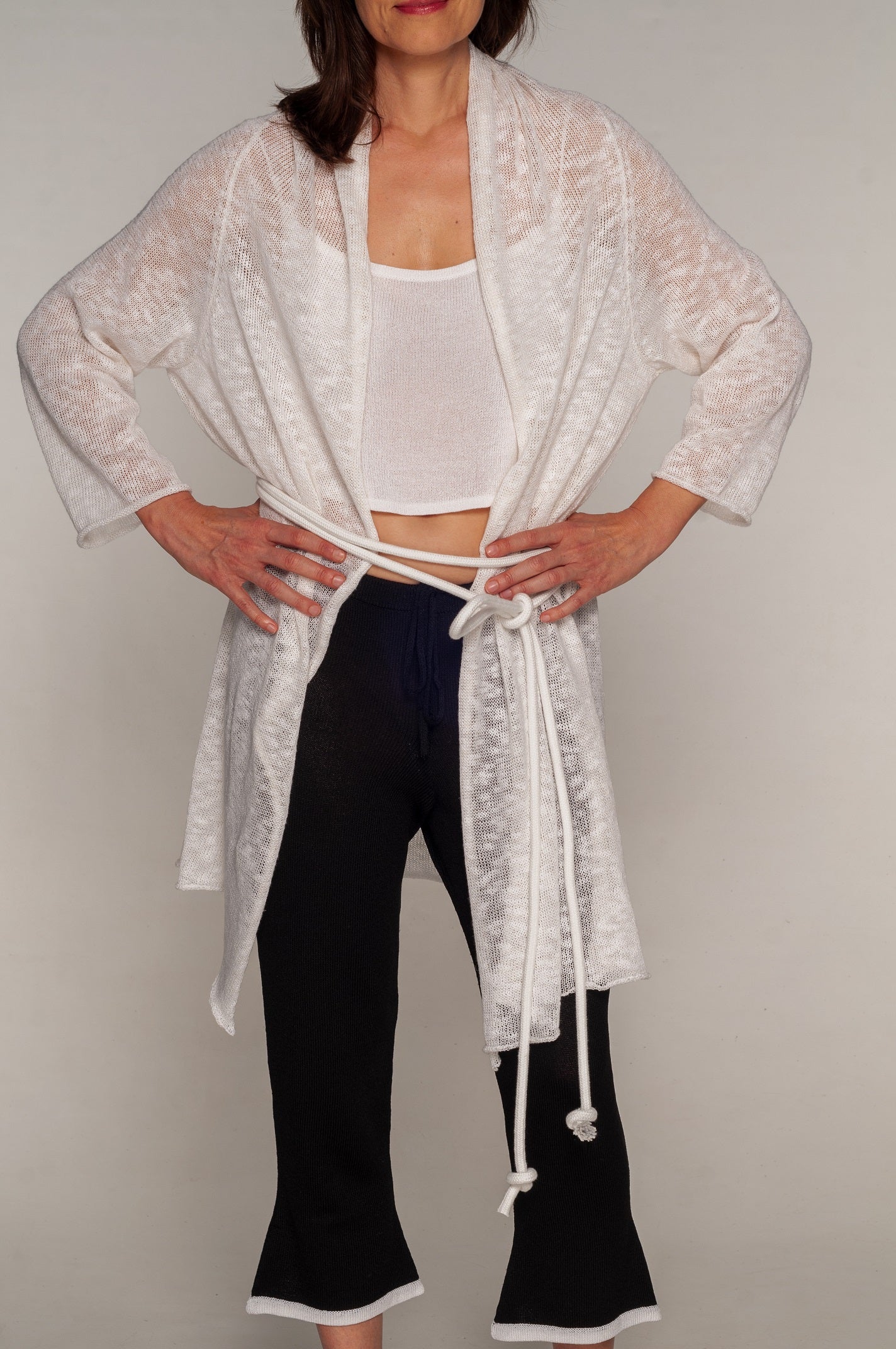 Spolverino Cardigan Lungo lino e cotone bianco con cinta - Mela Wedding