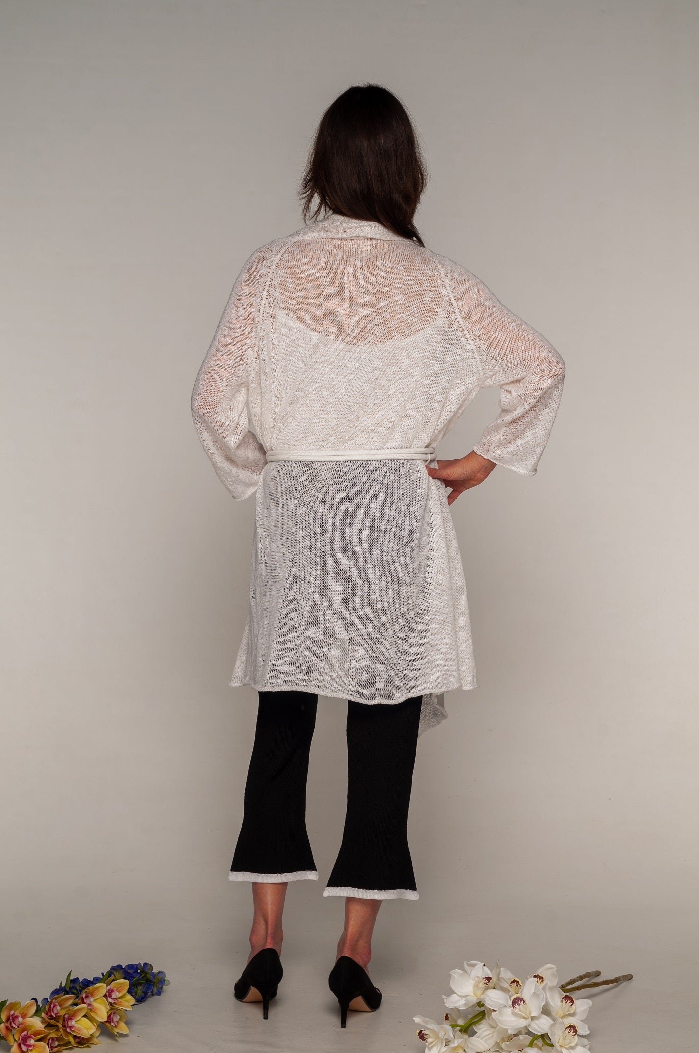 Spolverino Cardigan Lungo lino e cotone bianco con cinta - Mela Wedding