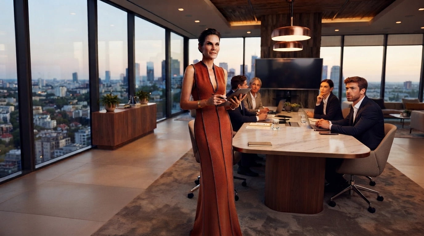 Donna che indossa un elegante abito color ruggine con profili color cobalto che guida la riunione di lavoro