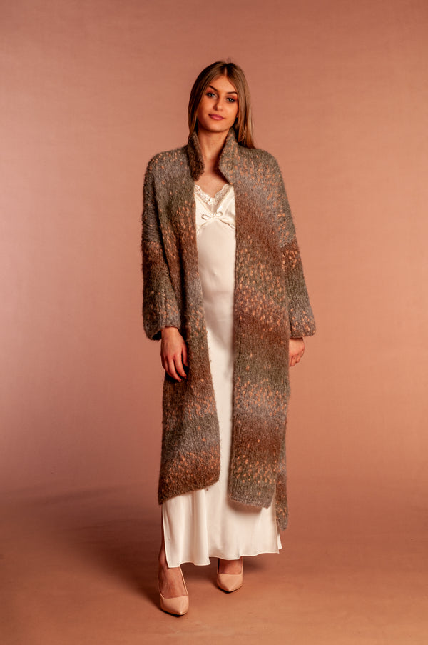 Alpaca and mohair coat in sophisticated brown gray and peach colors