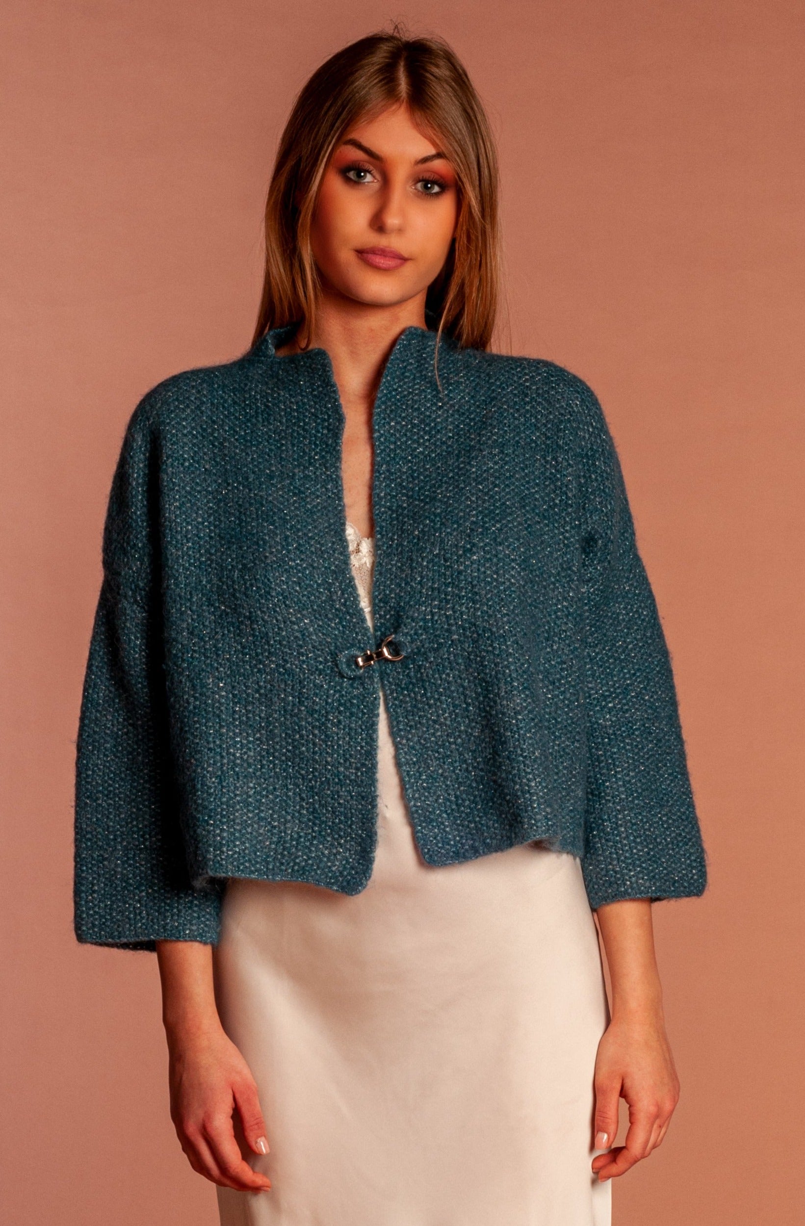 Soft light and warm handmade octane blue short oversized cardigan