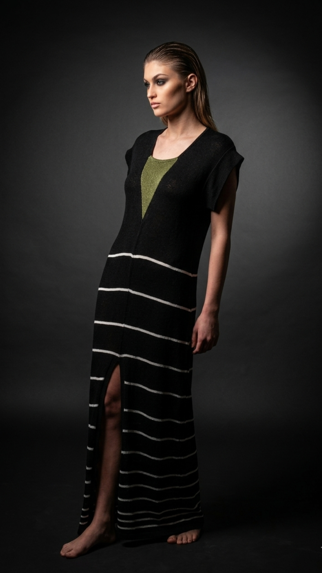 Long black viscose dress with white stripes and moss green insert, elegant handmade Italian dress