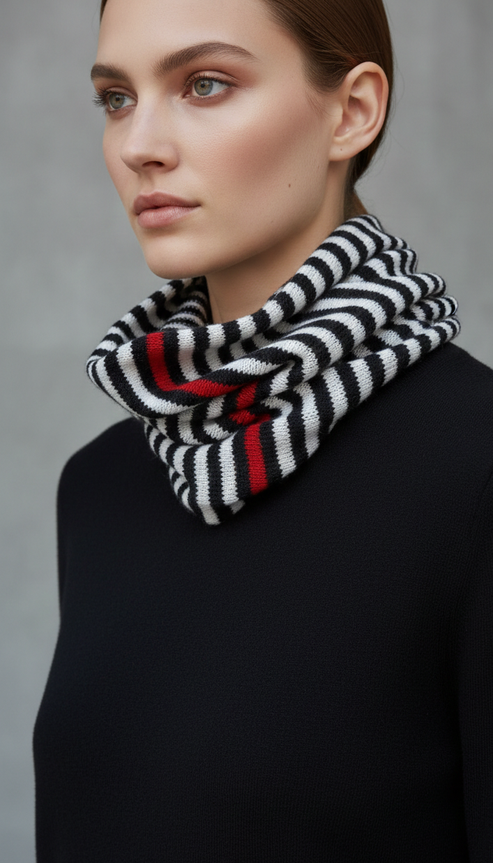Collo in cashmere morbidissimo a righe bianche e nere con un splendida riga rossa 