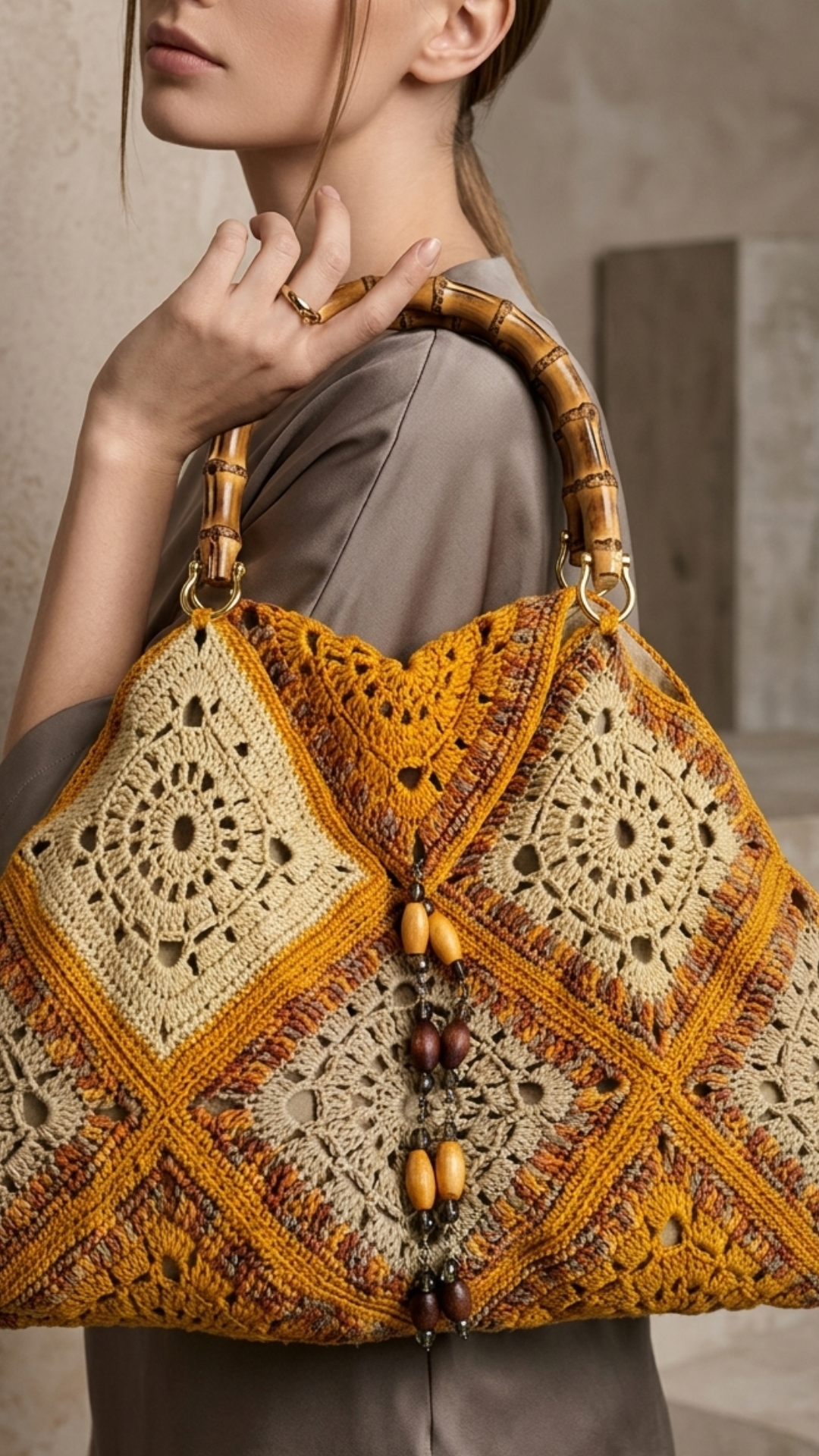 Woman holding handmade crochet bag with bamboo handle, elegant sustainable fashion accessory
