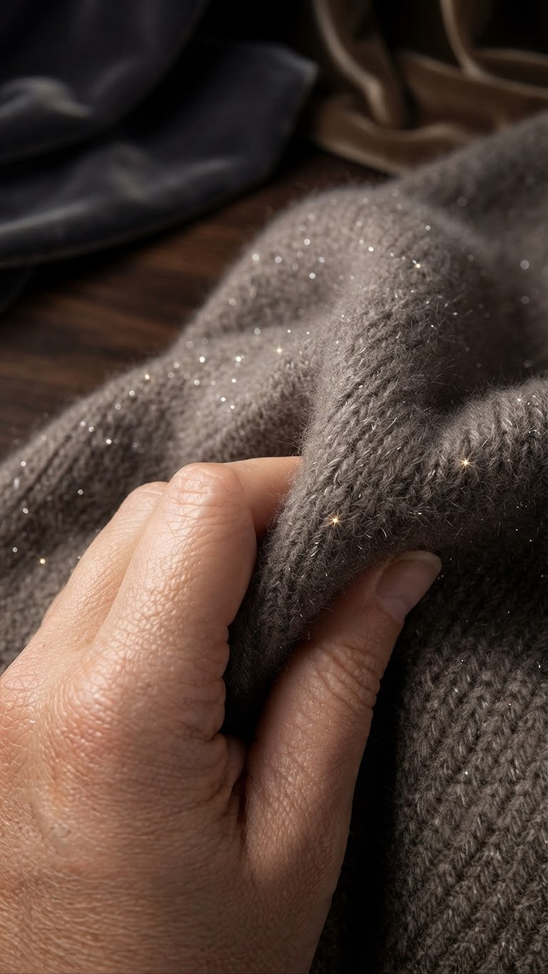 Dettaglio della lavorazione a mano della giacca in cashmere tortora con filo di lurex argento