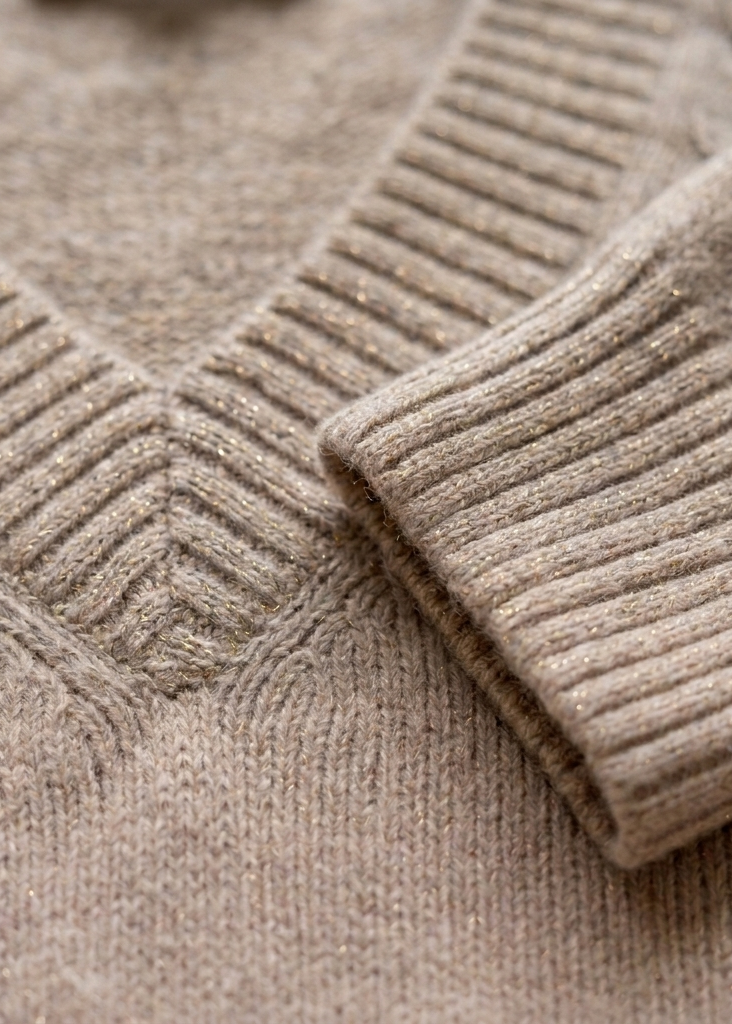 Dettaglio ravvicinato dello scollo a V e del polsino con filo di lurex oro intrecciato artigianalmente su maglia in 100% puro cashmere.