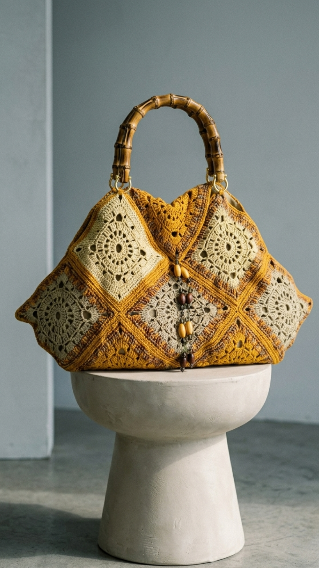 Handmade crochet bag in mercerized Egyptian cotton with bamboo handle, luxury artisanal handbag made in Italy
