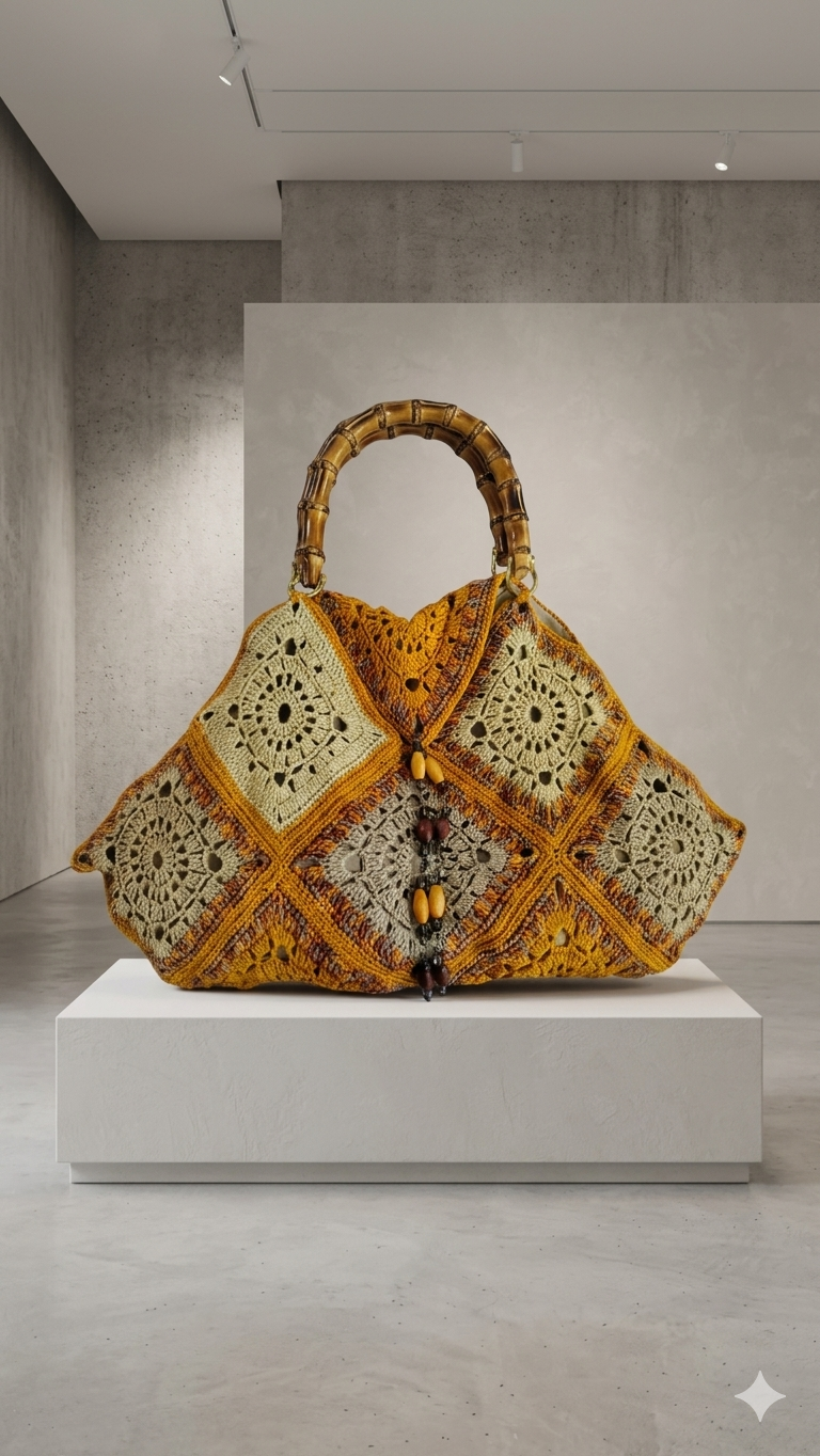 Handmade crochet construction detail of luxury bag in Egyptian cotton with geometric pattern
