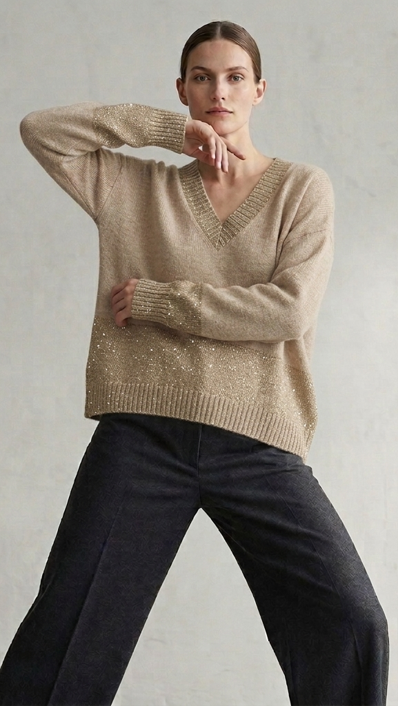 Maglia oversize in puro cashmere 100% con dettagli in lurex oro, scollo a V e polsini. Capo artigianale Made in Italy, elegante e confortevole.