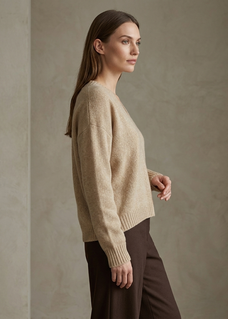 Vista di profilo della maglia oversize in puro cashmere con dettagli in lurex oro su scollo e polsini, evidenziando la vestibilità morbida e la lavorazione artigianale.