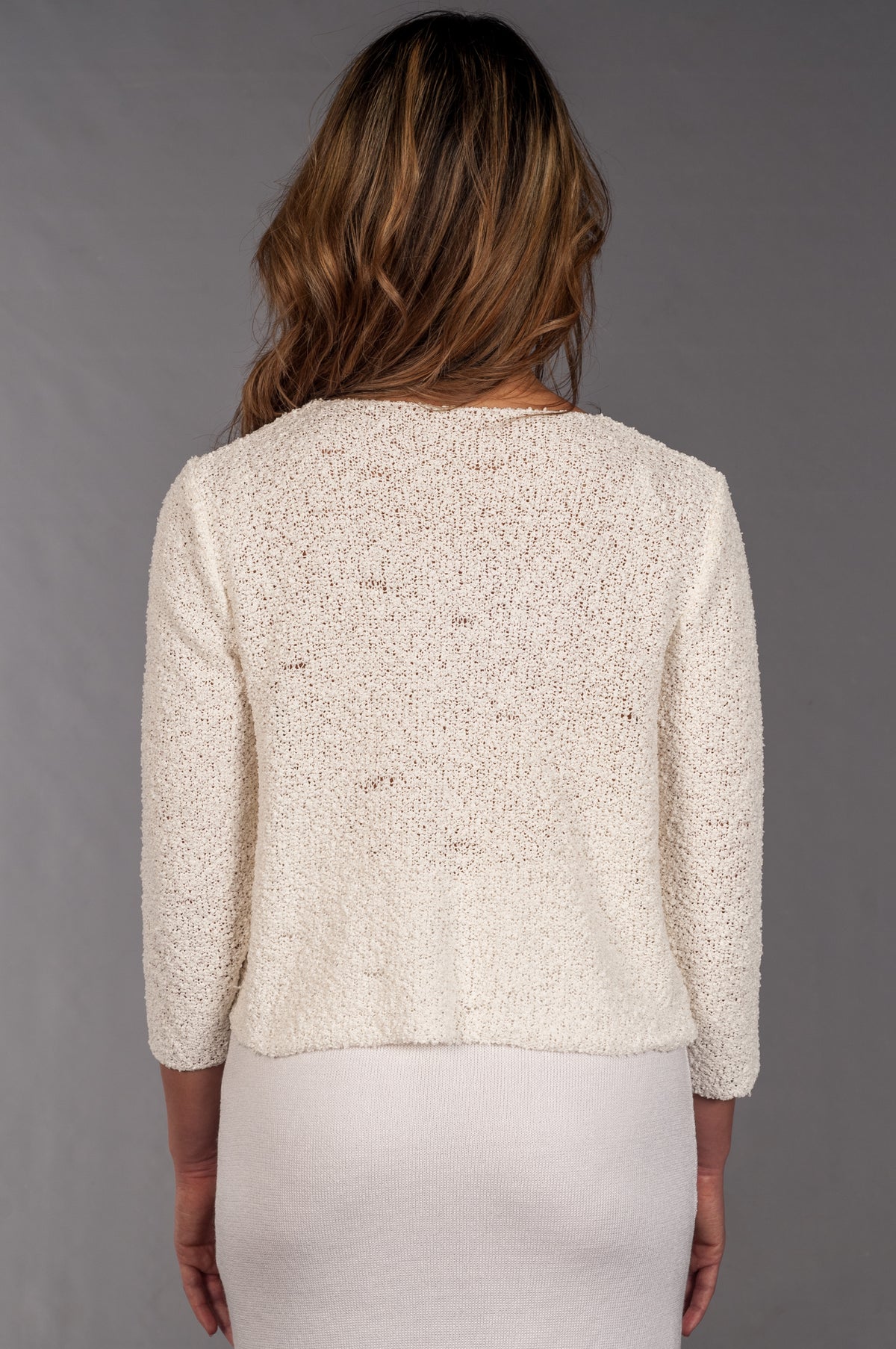 retro e dettaglio del bolero Cardigan da Sposa bouclé corto - Mela Wedding
