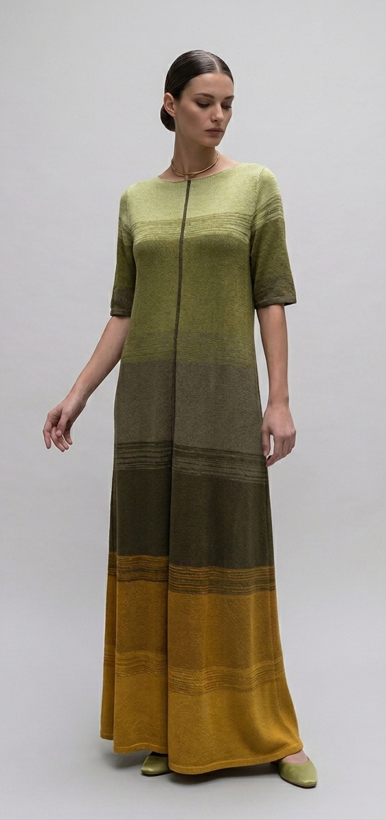 Abito lungo sfumato verde salvia e oro in viscosa – Eleganza fluida Made in Italy