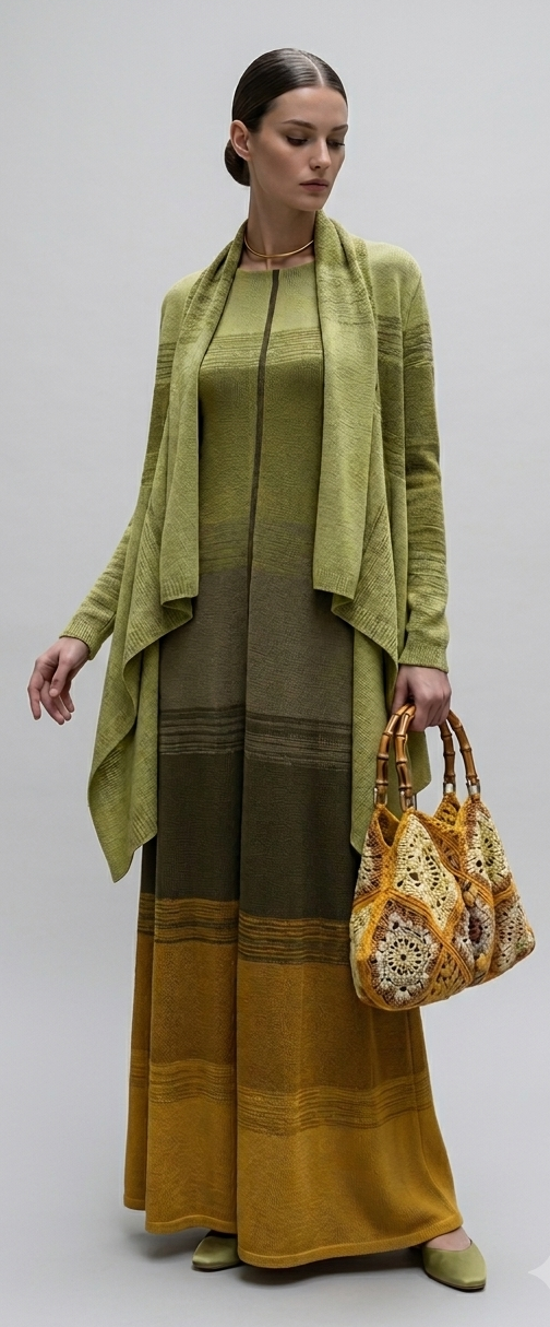 Abito lungo sfumato verde salvia e oro in viscosa – Eleganza fluida Made in Italy