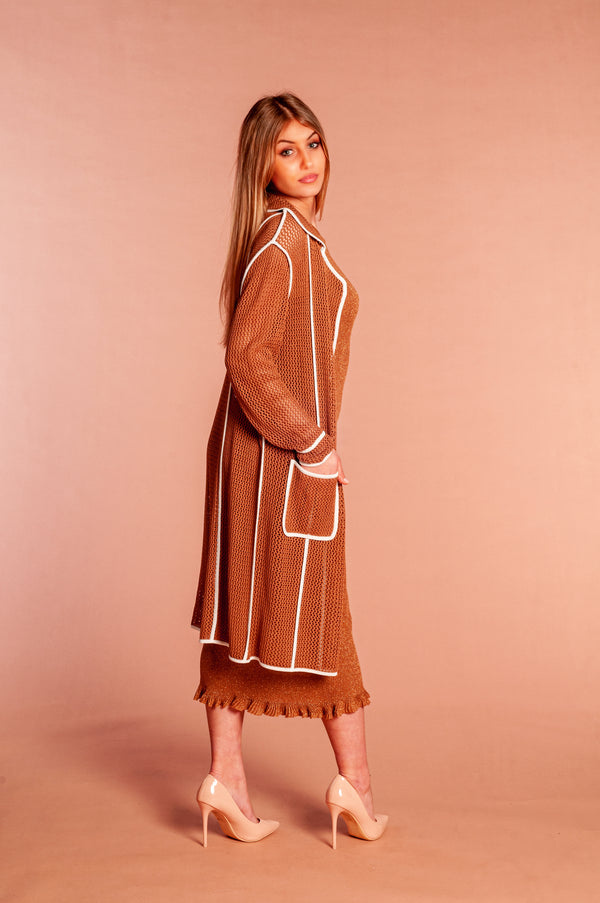 Brown and white mesh trench coat