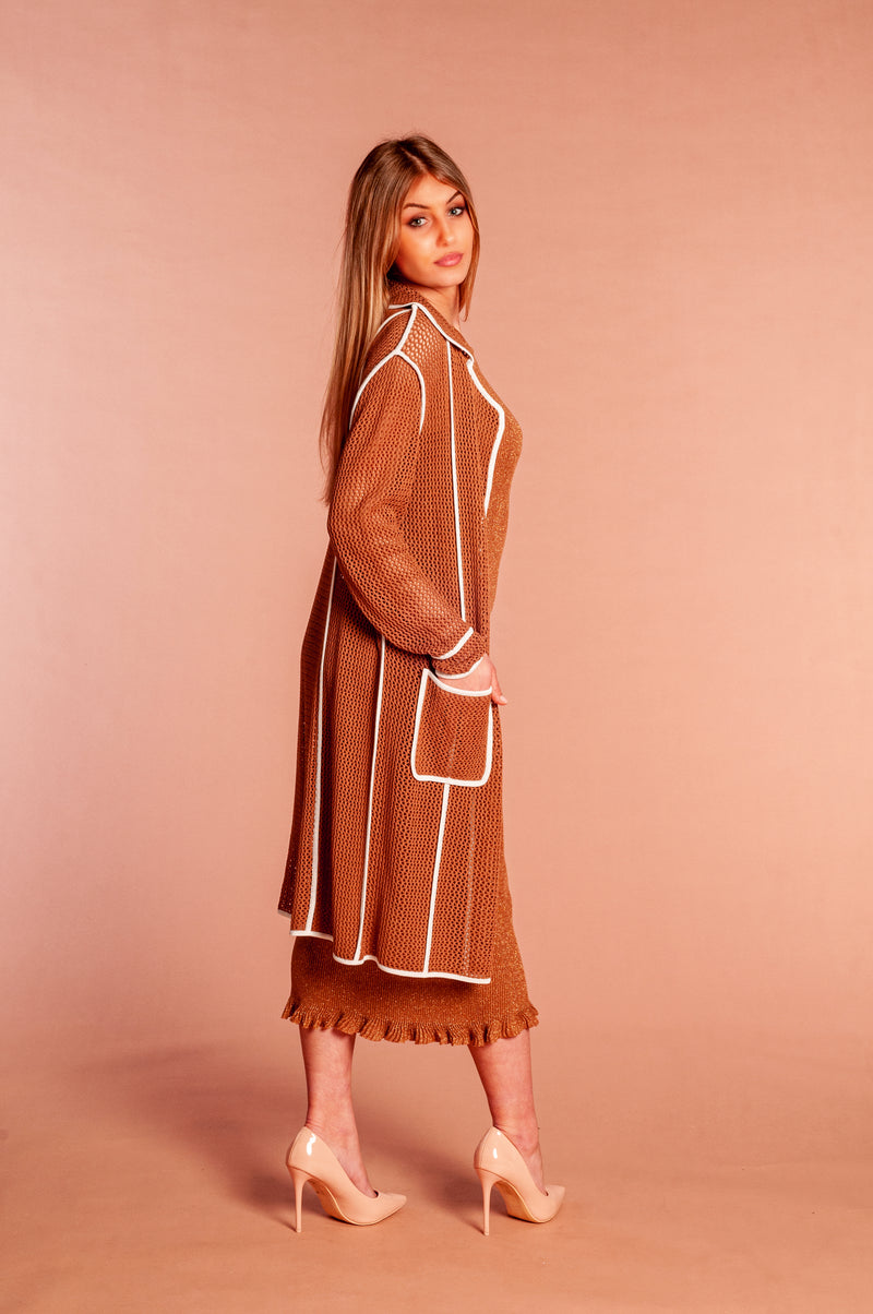 Brown and white mesh trench coat