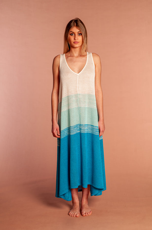 High-quality fresh viscose light blue and turquoise shaded white v-neck long dress