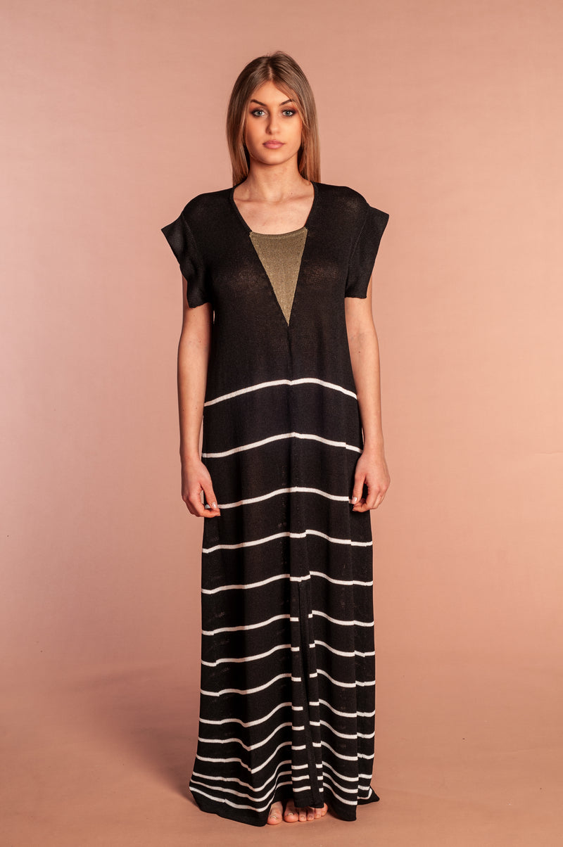 Longho dress with white stripes and moss green triangle on the front with two structured wings on the shoulders