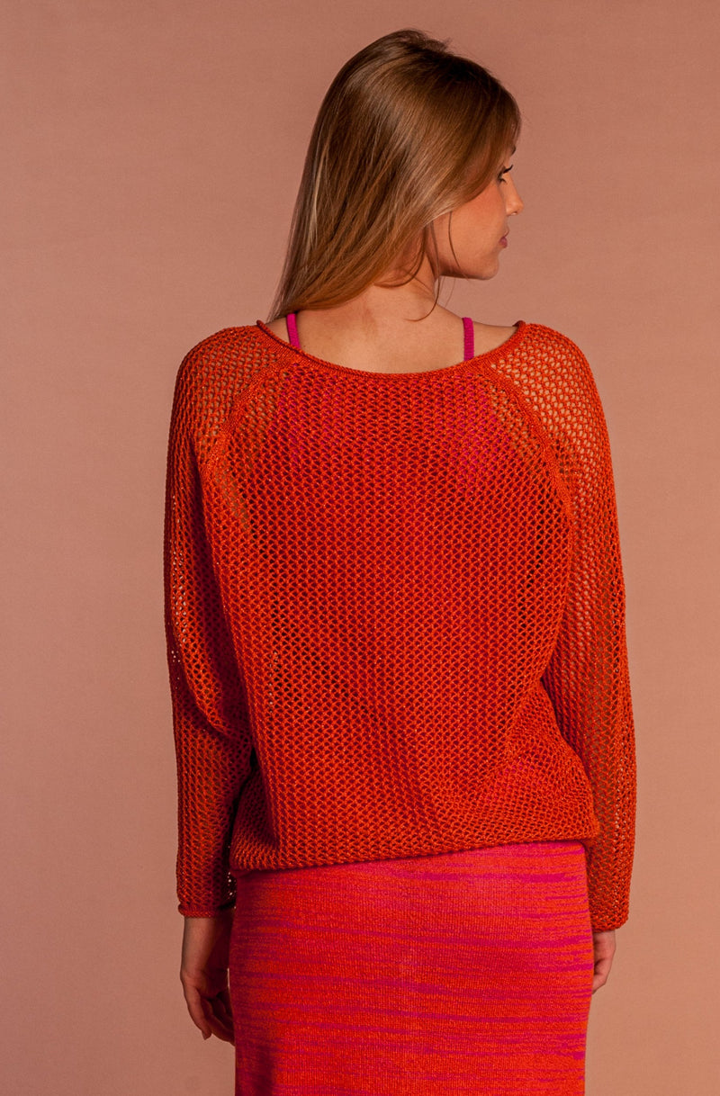 orange viscose and lurex mesh knit in matching back view