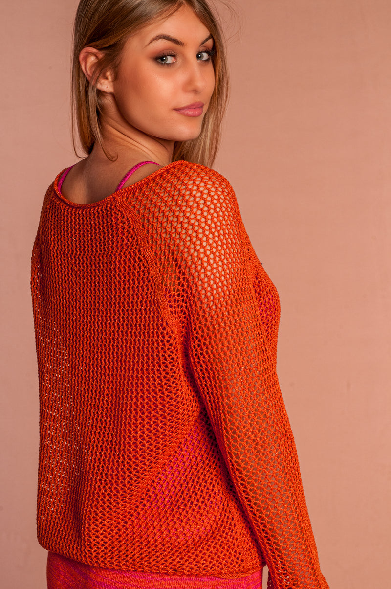 detail of the orange and lurex mesh stitch
