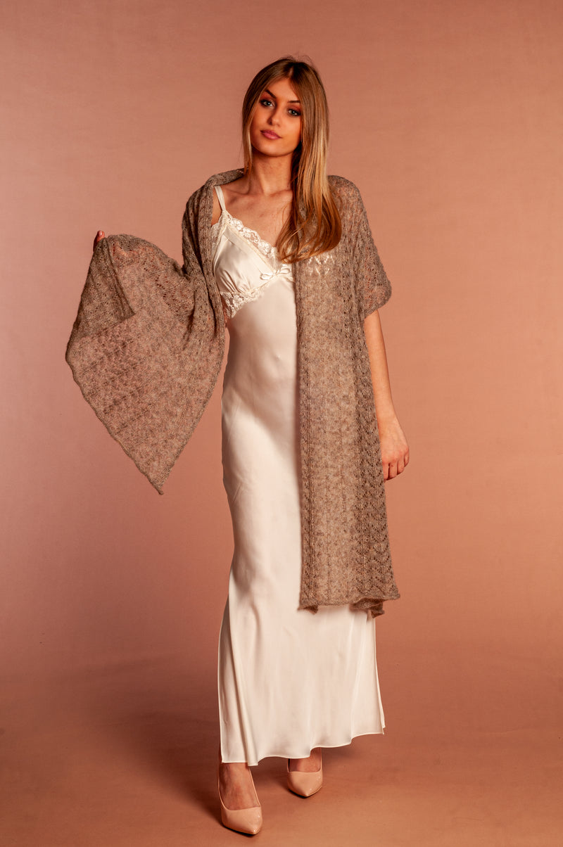 long taupe brown perforated Mela wedding stole