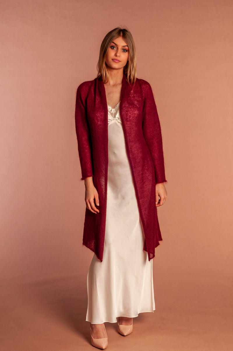front view and length of Mela wedding cardigan