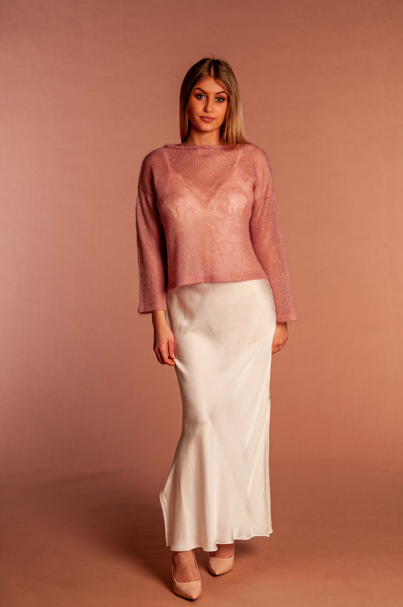 Full-length view of antique pink mohair and silk mela wedding sweater