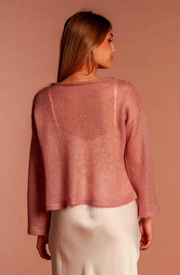 back view of mohair and silk Mela wedding sweater in pink aintico with crater collar