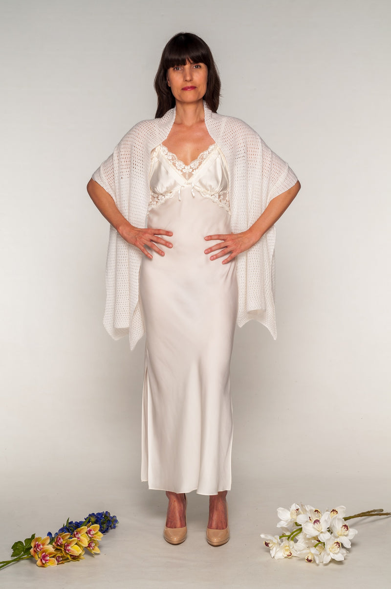bridal stole perforated stitch in optical white cashmere